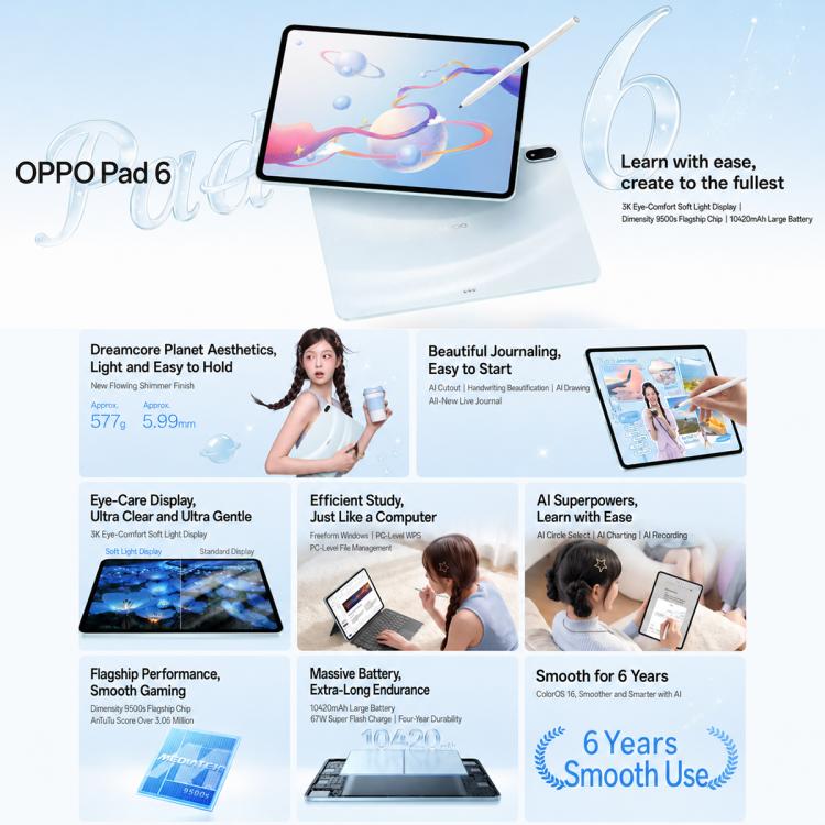 OPPO Pad 6 12.1 inch Tablet PC, 16GB+512GB, ColorOS 16 MediaTek Dimensity 9500s Octa Core, 16GB+512GB