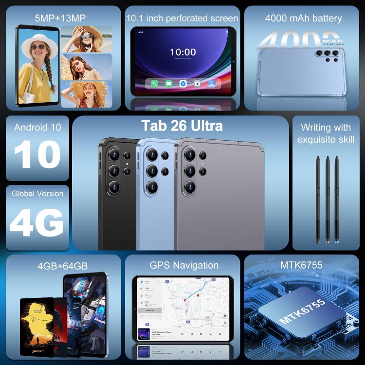 Tab 26 Ultra 10.1 inch 4G LTE Tablet PC, 4GB+64GB, Android 10 MTK6755 Octa Core, UK Plug, UK Plug