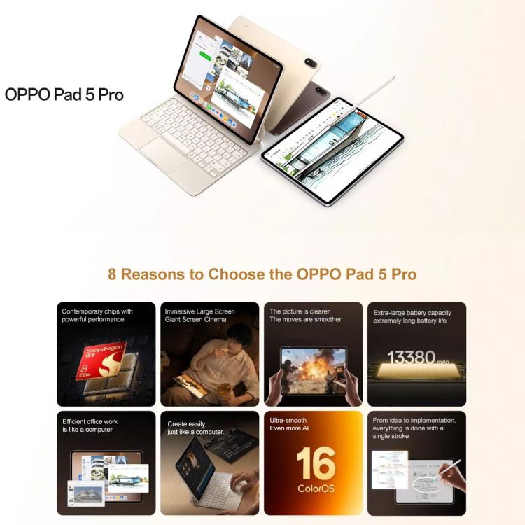 OPPO Pad 5 Pro 13.2 inch Tablet PC, 12GB+256GB, ColorOS 16.0 Snapdragon 8 Elite Gen5 Octa Core, 12GB+256GB