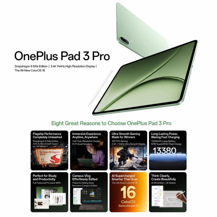 OnePlus Pad 3 Pro 13.2 inch WiFi Tablet PC, 16GB+512GB ColorOS 16 Qualcomm Snapdragon 8 Elite Gen5 CPU, US Plug, 16GB+512GB