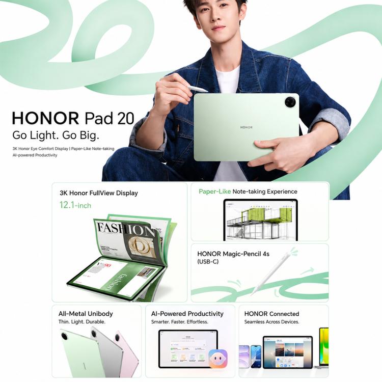Honor Pad 20 Standard Edition WiFi Tablet PC, 12.1 inch 8GB+256GB MagicOS 10 Qualcomm Snapdragon 7 Gen3 Octa Core, US Plug, Standard Ed. 8GB+256GB